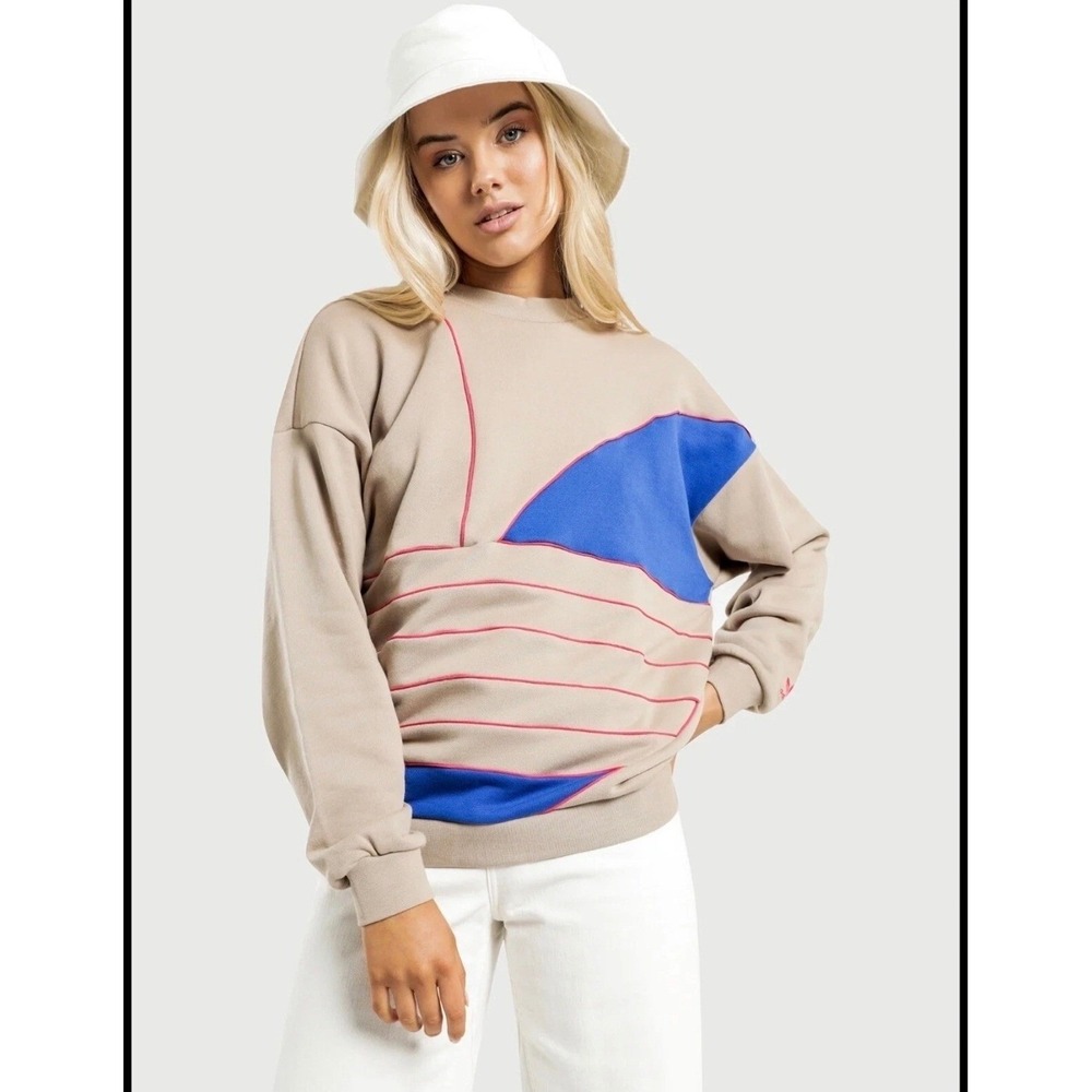 Adidas Originals Graphic Big Trefoil Sweatshirt Tan Blue Pink Size Medium